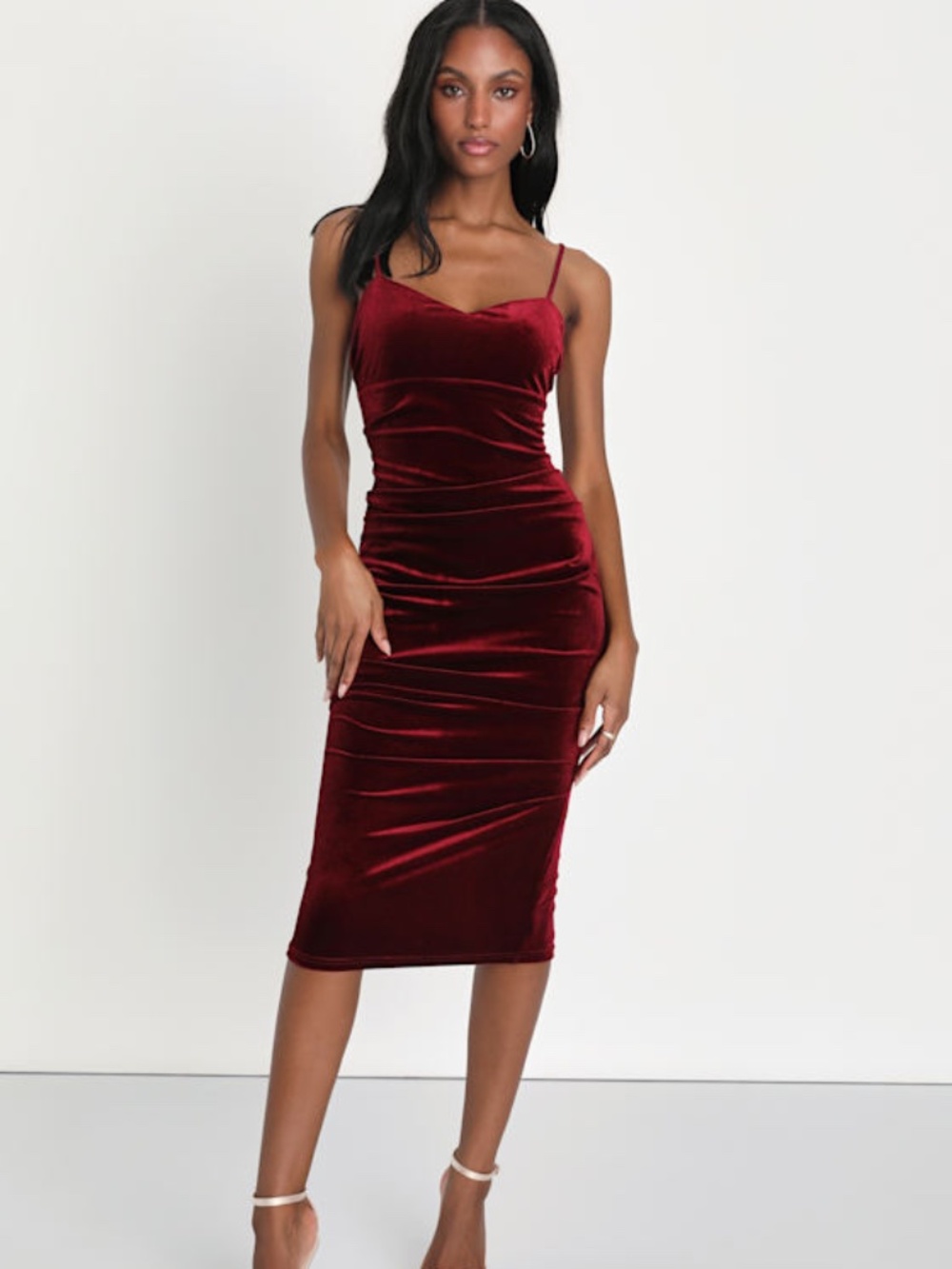 Lulus Plush Personality Wine Red Velvet Ruched Bodycon Midi Dress - Size XS